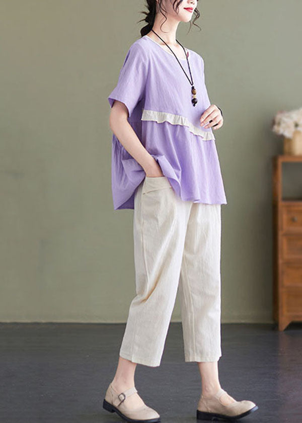Light Purple O-neck Ruffled Patchwork Cotton Tops and Harem Pants Two Pieces Set Summer