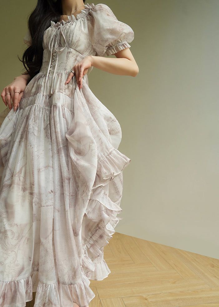 Ruffled Print Lace Up Silk Long Dress Summer