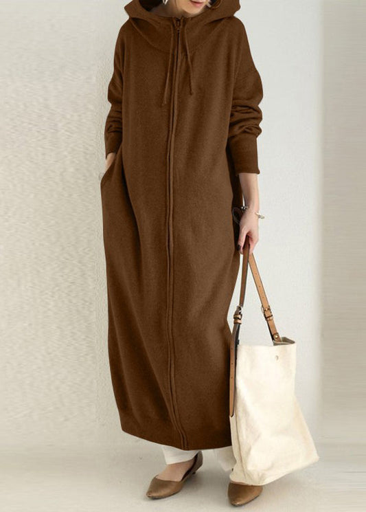 Brown Zippered Pockets Warm Fleece Long Coat Hooded