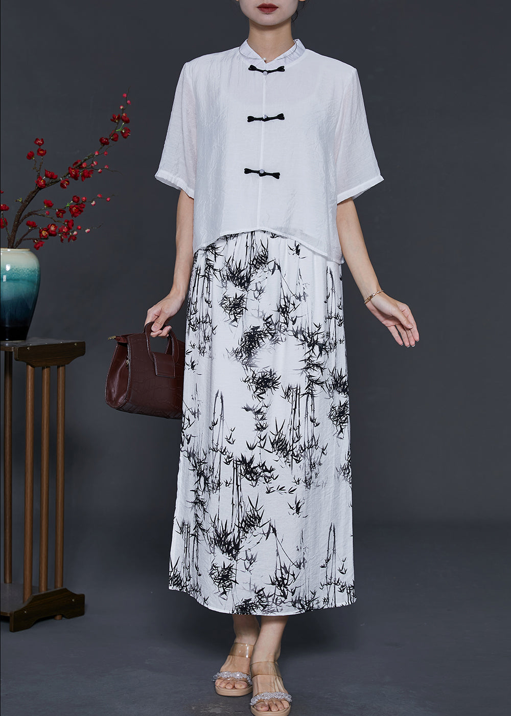 Chinese Style White Print Cotton Two Piece Set Clothing Summer
