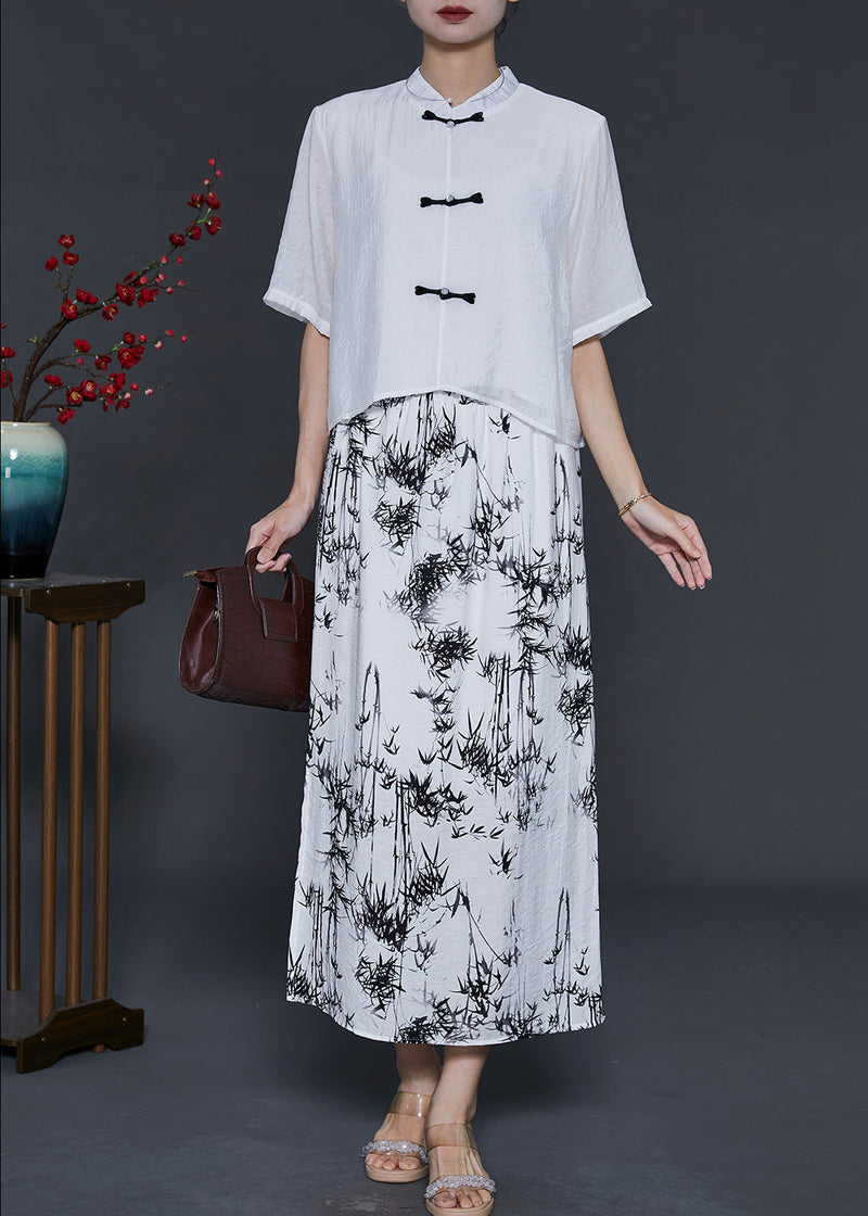 Chinese Style White Print Cotton Two Piece Set Clothing Summer