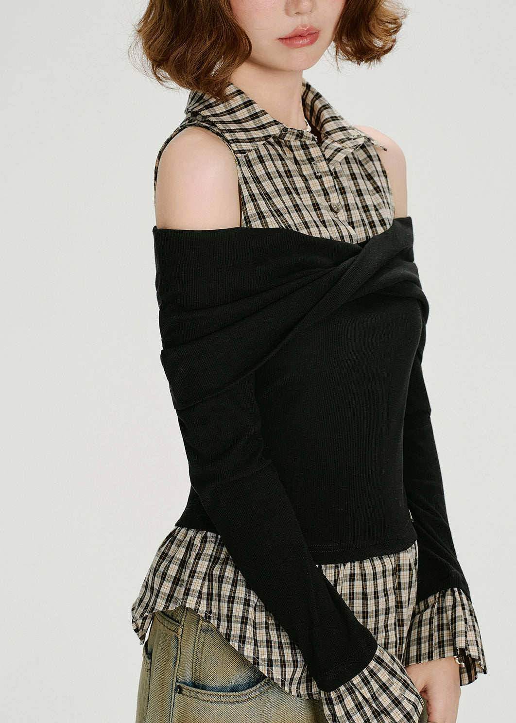 Black Cold Shoulder Patchwork Cotton Blouse Tops Spring