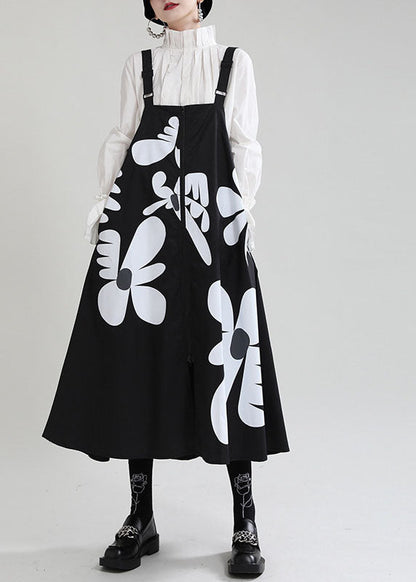 Black Print Patchwork Asymmetrical Design Zippered Fall Dress