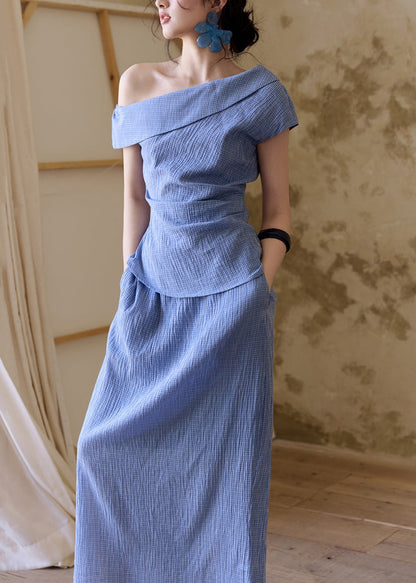 Blue Plaid Patchwork Top and a Line Skirts Two Pieces Set Short Sleev
