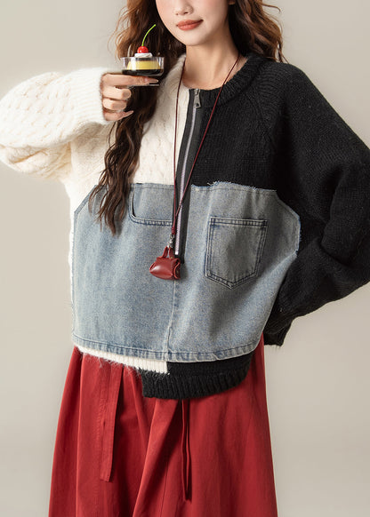 Black Zip Up Denim Patchwork Knit Sweater Spring