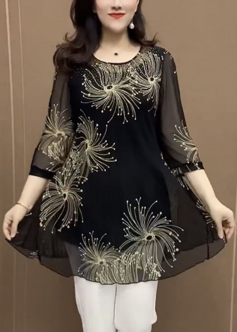 New Black O Neck Print Patchwork Chiffontops Half Sleeve