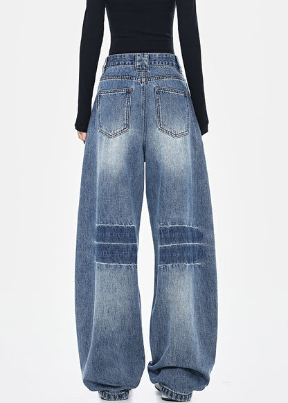 Blue Pockets Patchwork High Waist Denim Pants Spring