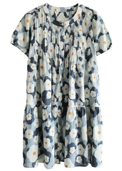 Loose Blue O-neck Button Print Summer Cotton Dresses Short Sleeve