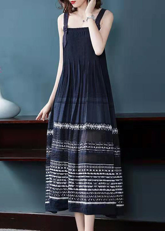 Stylish Navy Wrinkled Print Spaghetti Strap Cotton Maxi Dress Sleeveless