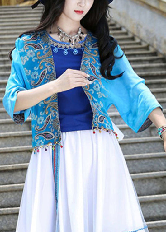 Blue V Neck Print Tassel Cardigan Summer
