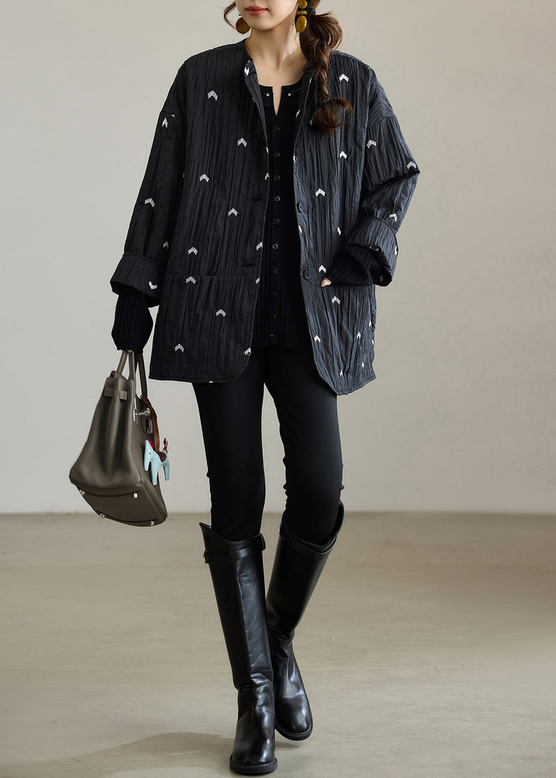 Diy Black Embroidered Wrinkled Fine Cotton Filled Coat Winter