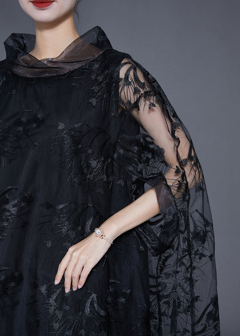 Black High Neck Embroideried Hollow Out Tulle Dress Cloak Sleeves