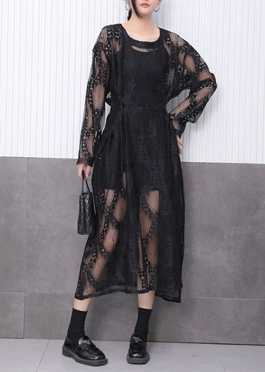 All Black Ensemble Featuring Lace Jacquard Dress Fall
