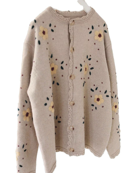 Handmade Coffee Embroideried Lace Patchwork Cotton Knit Coats Long Sleeve