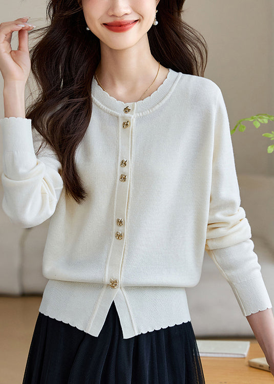 White Button Wool Knit Fall Coats O Neck