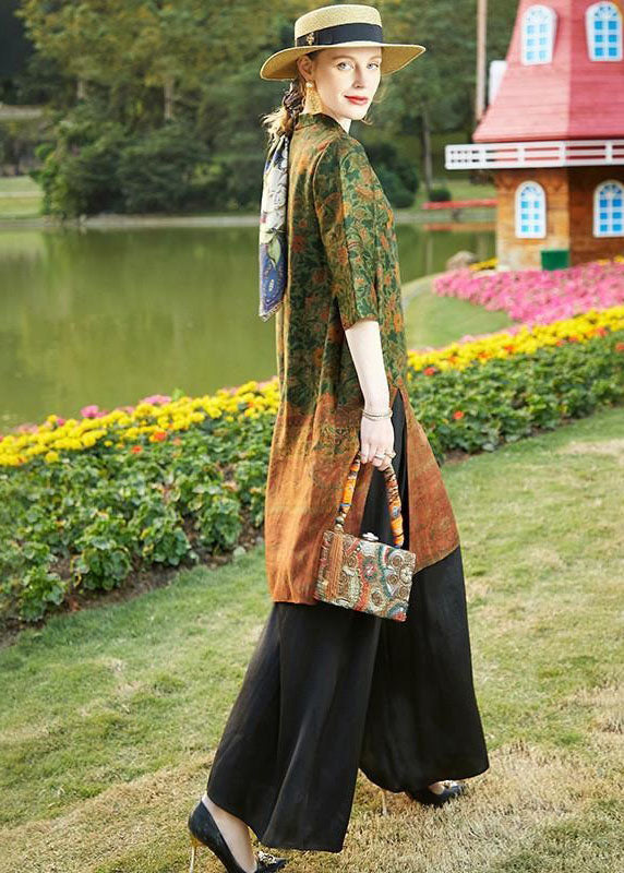 Colorblock Stand Collar Tops and Pants Silk Two Pieces Set Spring