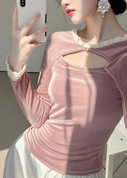 Pink O-neck Asymmetrical Silk Velour Tops Spring