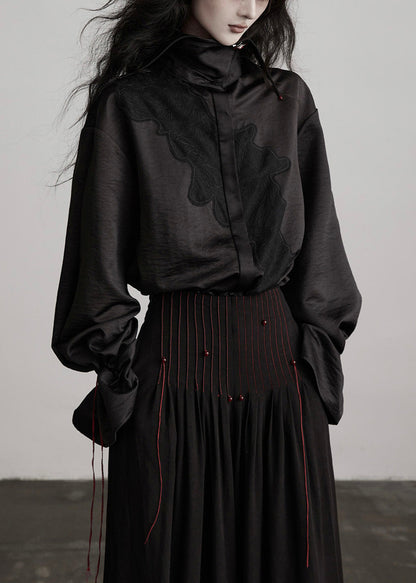 Black Peter Pan Collar Drawstring Patchwork Silk Blouses Fall