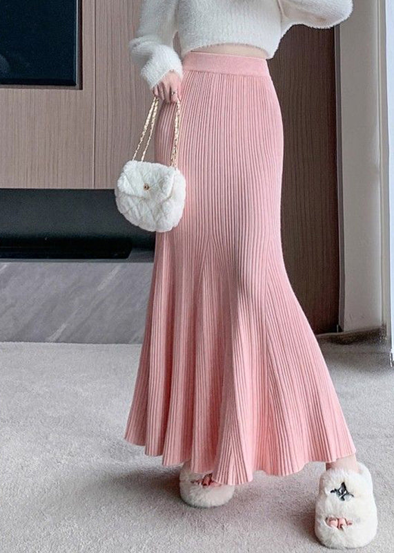 Classy Pink Elastic Waist Knit a Line Skirt Fall