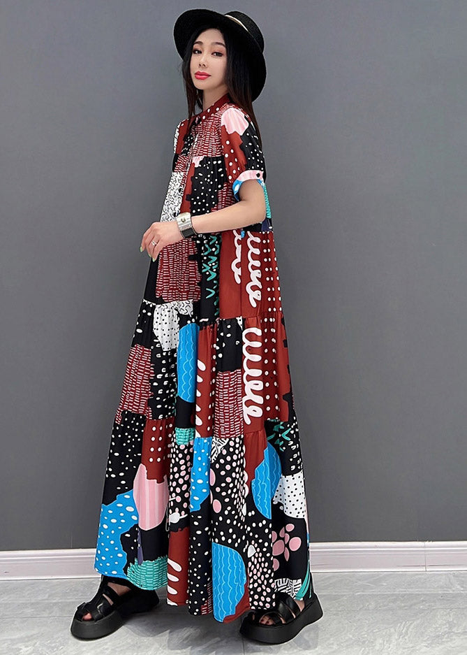 O-neck Print Button Long Dresses Short Sleeve