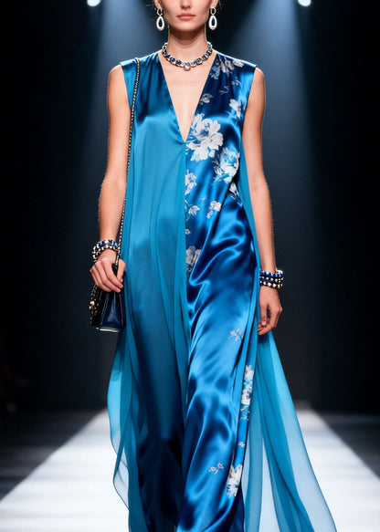 Natural Blue V Neck Print Patchwork Chiffon Dress Sleeveless