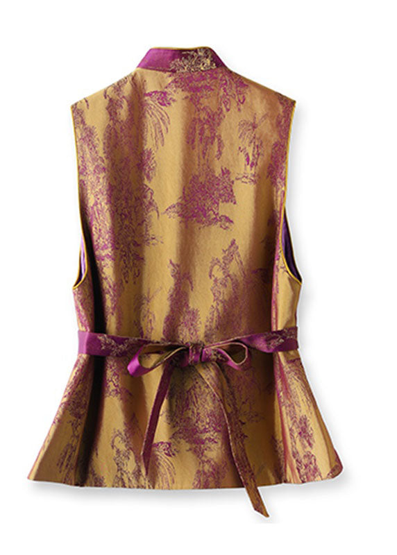 Chinese Style Purple Stand Collar Print Patchwork Tie Waist Warm Silk Cotton Waistcoat Fall