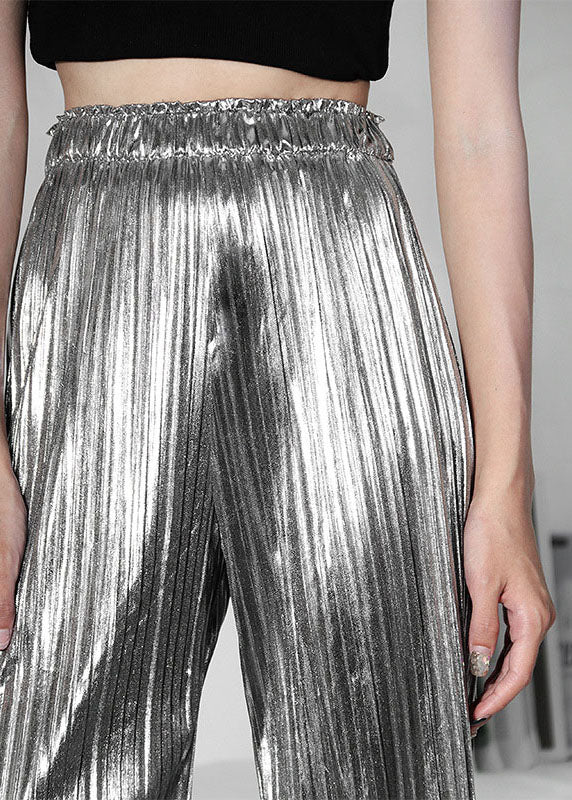 Silver Wrinkled Summer Wide Leg Pants