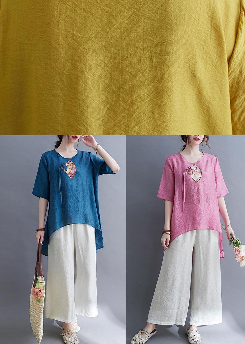 Italian Yellow Embroideried Cotton Linen Top Summer