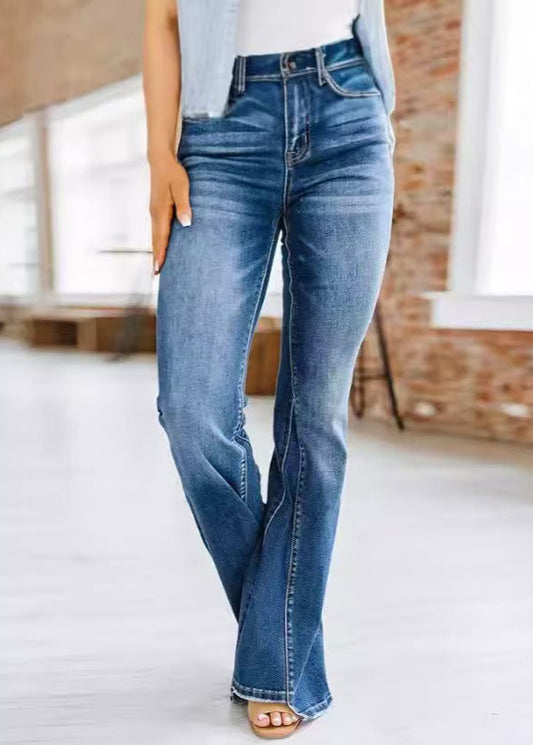 Fine Blue Pockets Original Design Denim Flared Trousers Spring