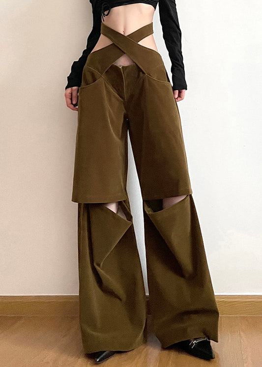 Brown Hollow Out Pockets Cotton Wide Leg Pants Fall
