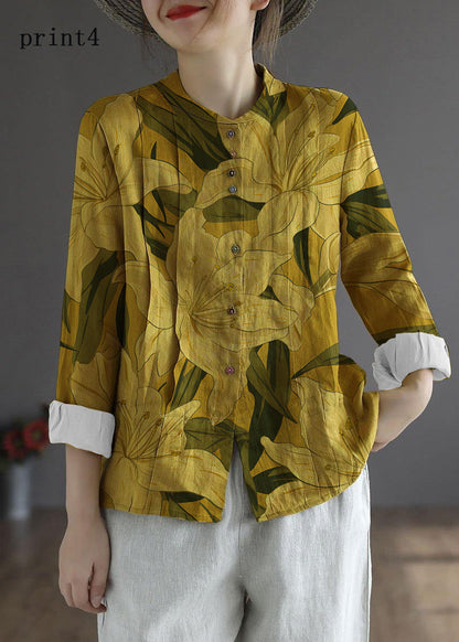 Blue Flower Button Fall Top Long Sleeve Linen