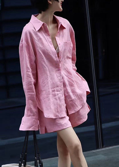 Modern Pink Button Shirts and Shorts Two Pieces Set Spring