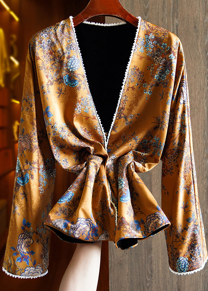 Chinese Style Yellow V Neck Print Nail Bead Wear on Both Sides Silk Coat Fall