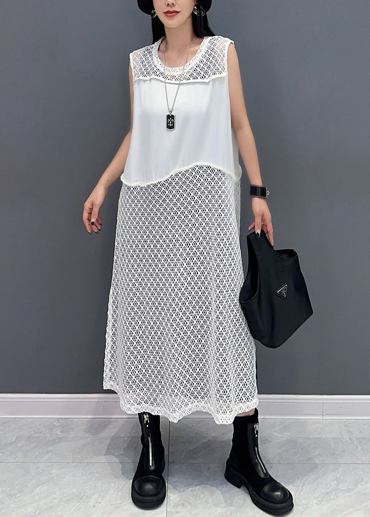 White O Neck Hollow Out Knit Dress Sleeveless
