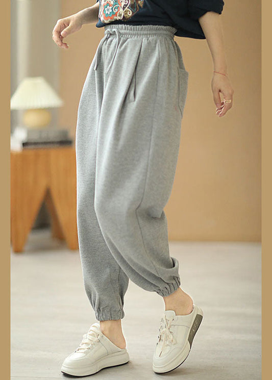 Grey Tie Waist Pockets Harem Fall Pants Cotton