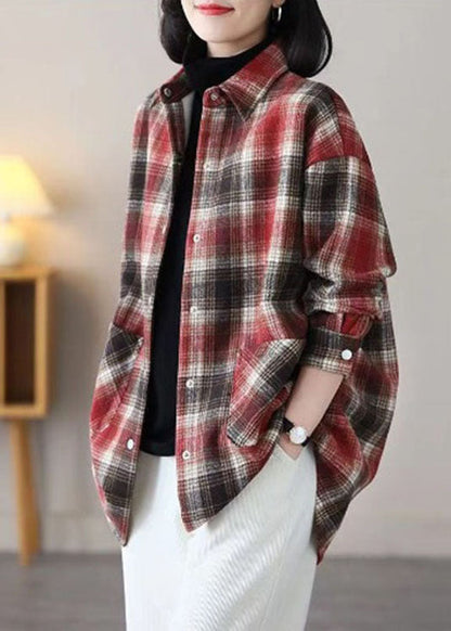 Black Peter Pan Collar Plaid Pockets Patchwork Warm Fleece Thick Shirts Winter