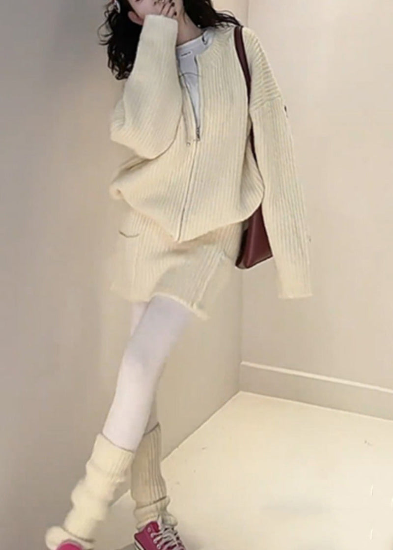 Loose Yellow Zippered Cardigan and Skirts Knit Two Piece Set Fall