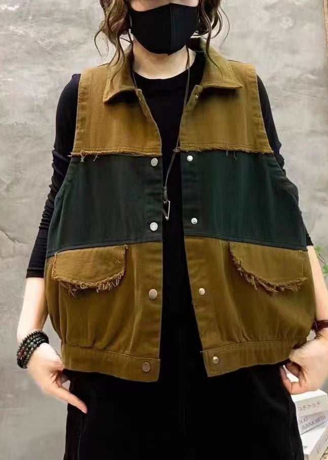 Orange Peter Pan Collar Button Patchwork Cotton Waistcoat Sleeveless