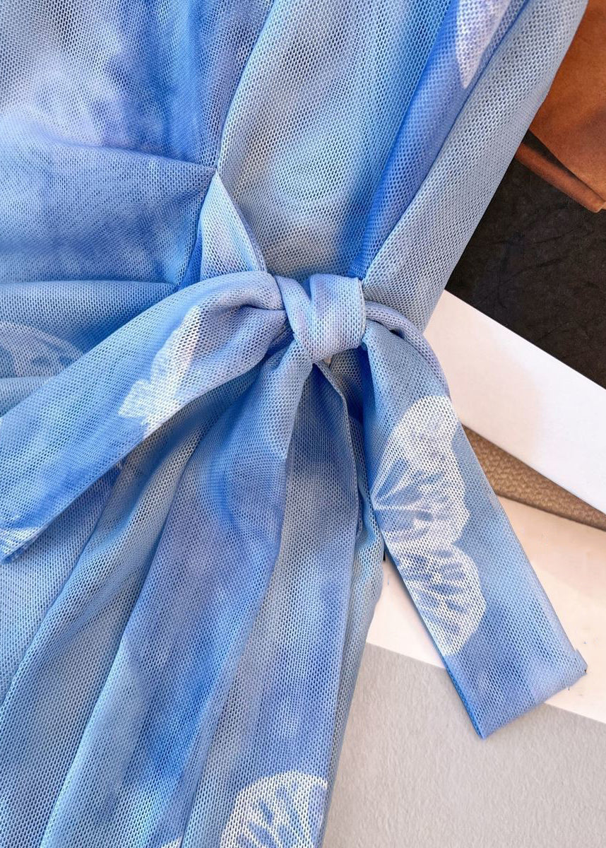 Blue O Neck Butterfly Print Tulle T Shirt Fall