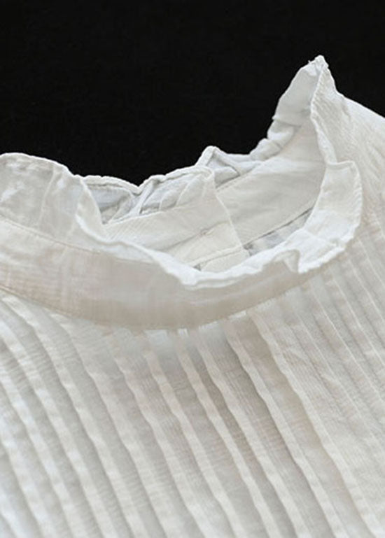 French White Ruffled Patchwork Cotton Shirt Top Long Sleeve Fall
