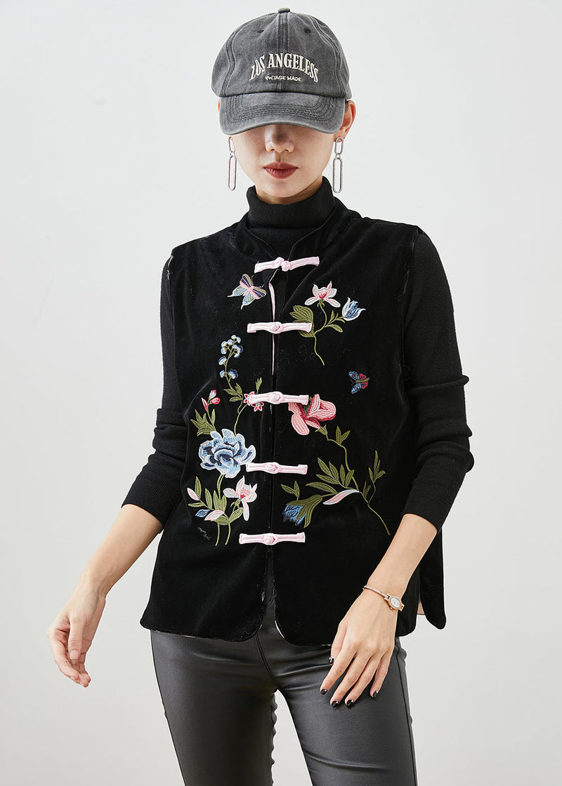 Black Embroideried Chinese Button Silk Velour Vest Fall