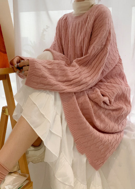 Style Pink O-neck Cozy Cotton Knit Sweater Dress Fall