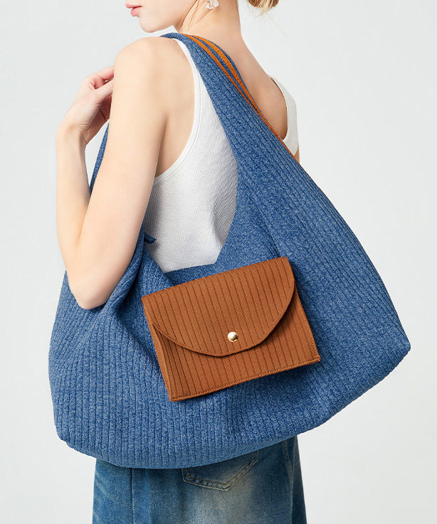 Classy Denim Blue Large Capacity Patchwork Pocket Cotton Shoulder Bags