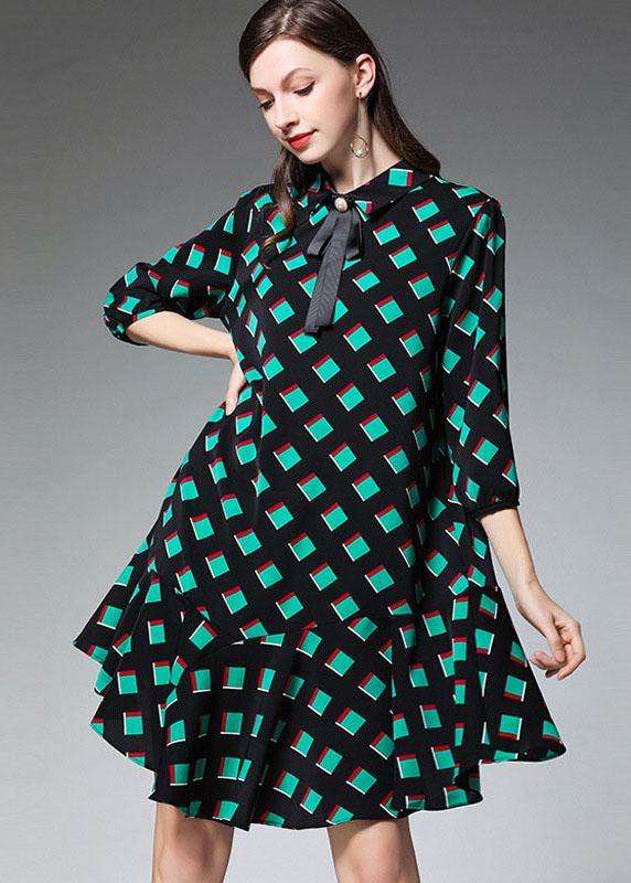 Green Plaid Chiffon Fall Zippered Party Dresses Half Sleeve