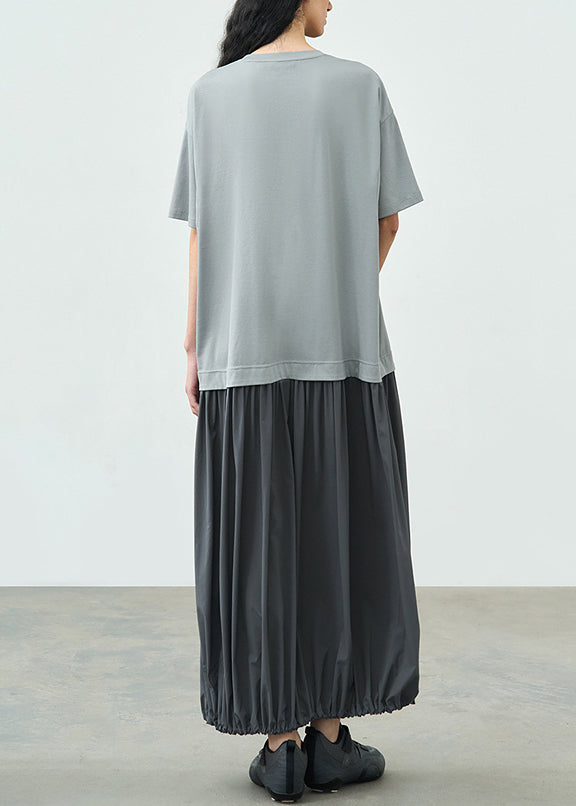 Grey O Neck Patchwork Cotton Long Dresses Summer