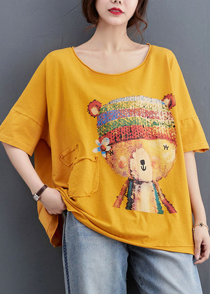 Yellow Loose O-neck Print Fall Tees Half Sleeve