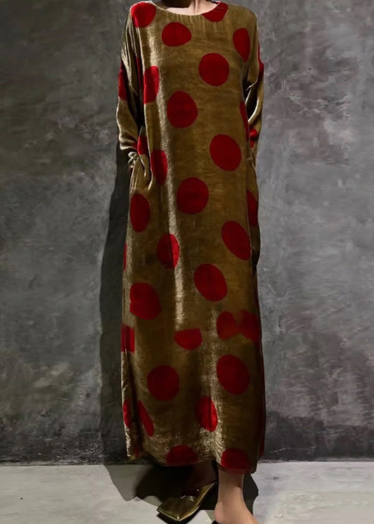 Brown O Neck Print Pockets Silk Velour Dress Long Sleeve