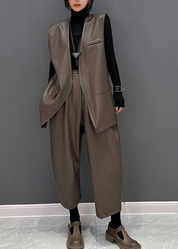 Brown V Neck Faux Leather Waistcoat and Straight Pants Two Pieces Set Fall