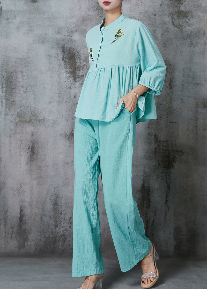 Sky Blue Embroidered Linen Two Piece Set Summer
