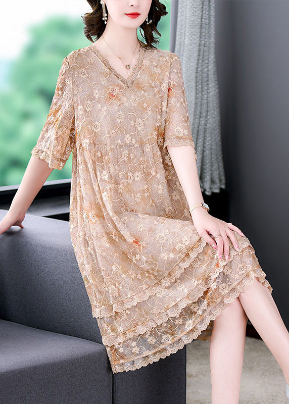 Apricot Embroideried Patchwork Lace a Line Dress Summer